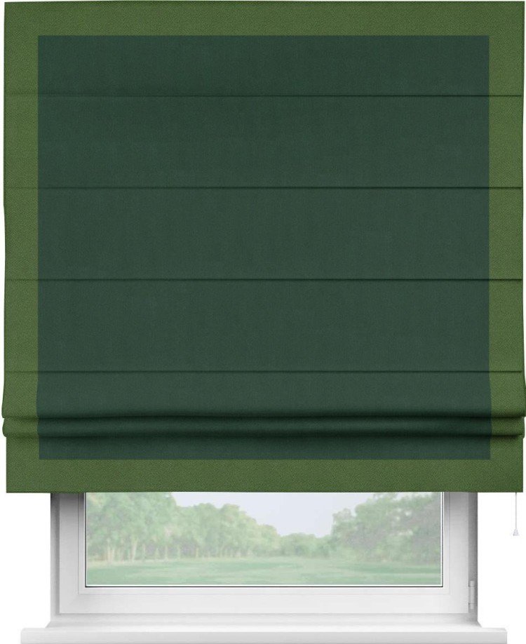 Римская штора «Кортин» для проема, блэкаут однотонный зелёный с кантом Чесс